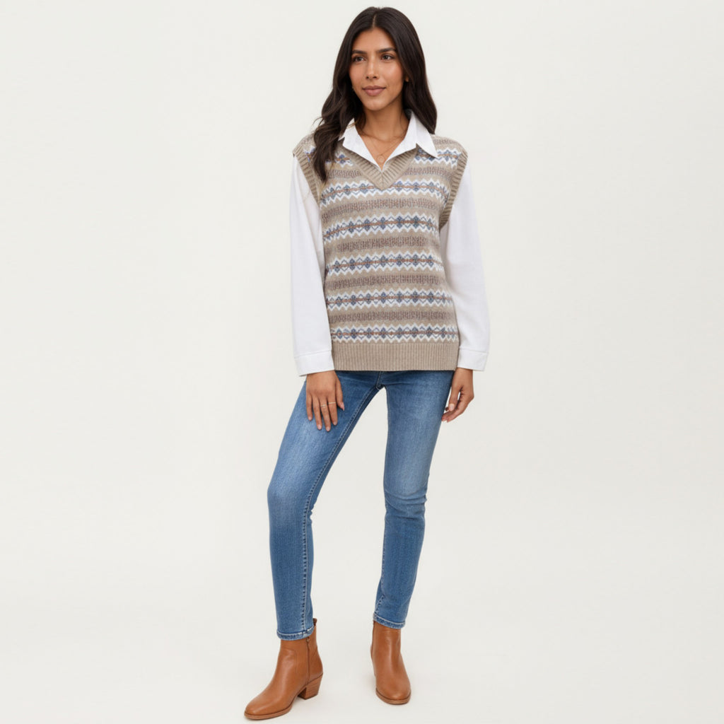 Anna-Kaci Women's Sleeveless V-Neck Knit Sweater Vest with Geometric Pattern Design