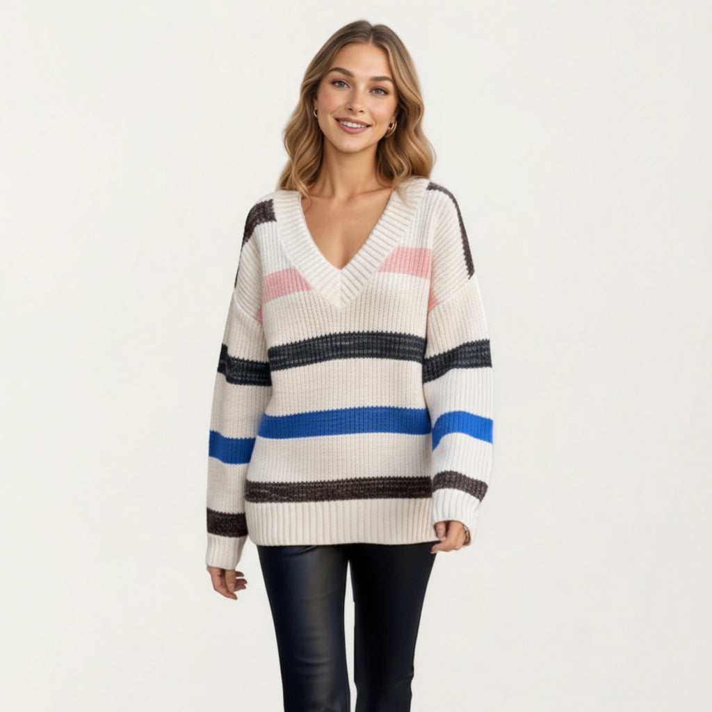 Anna-Kaci Women's Long Sleeve V-Neck Ribbed Knit Sweater with Multicolor Stripes