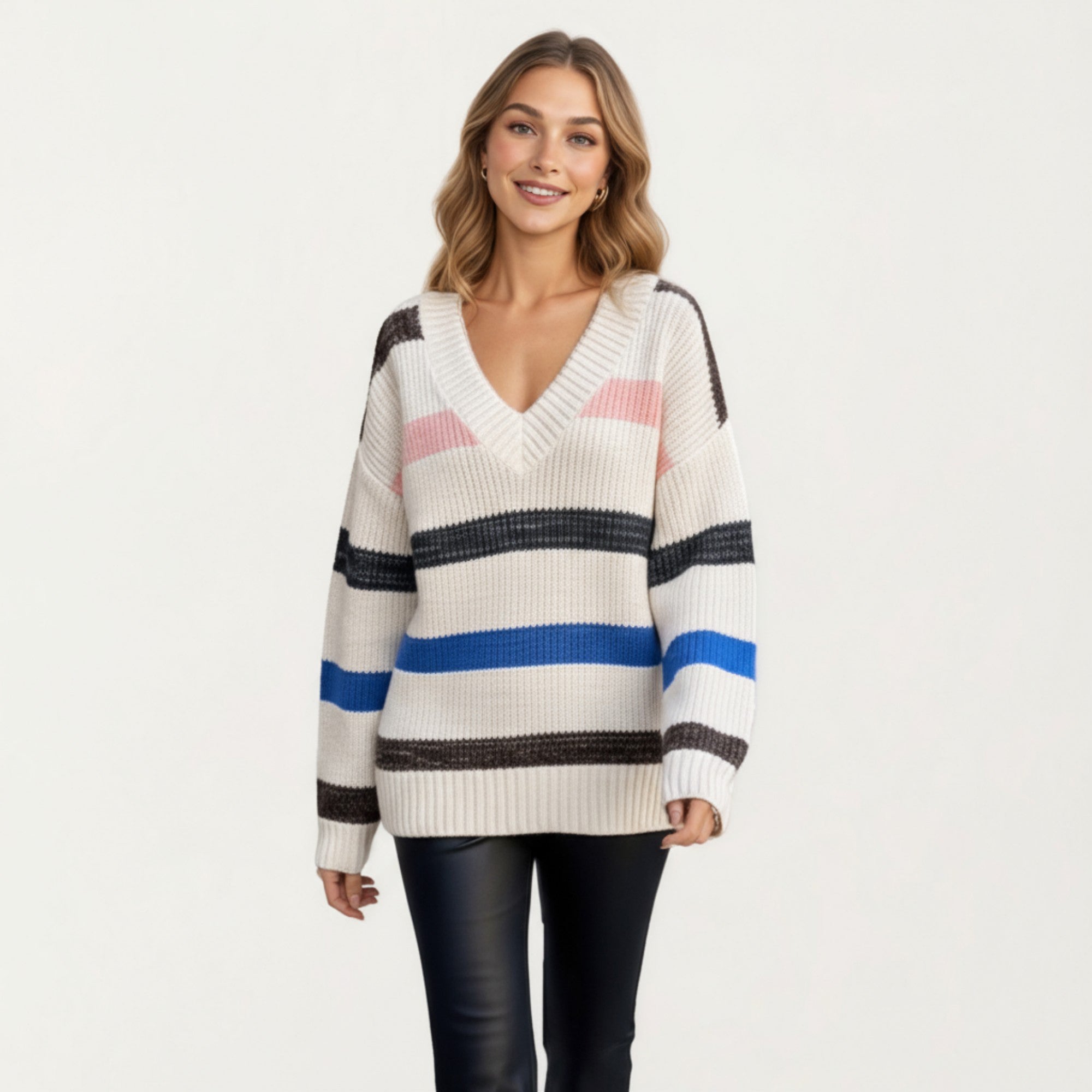 Anna-Kaci Women's Long Sleeve V-Neck Ribbed Knit Sweater with Multicolor Stripes