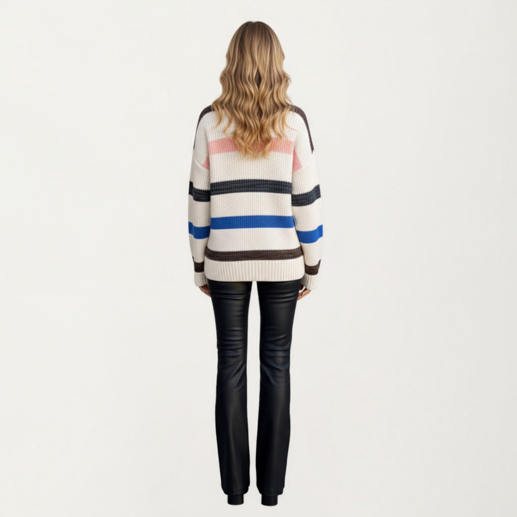 Anna-Kaci Women's Long Sleeve V-Neck Ribbed Knit Sweater with Multicolor Stripes