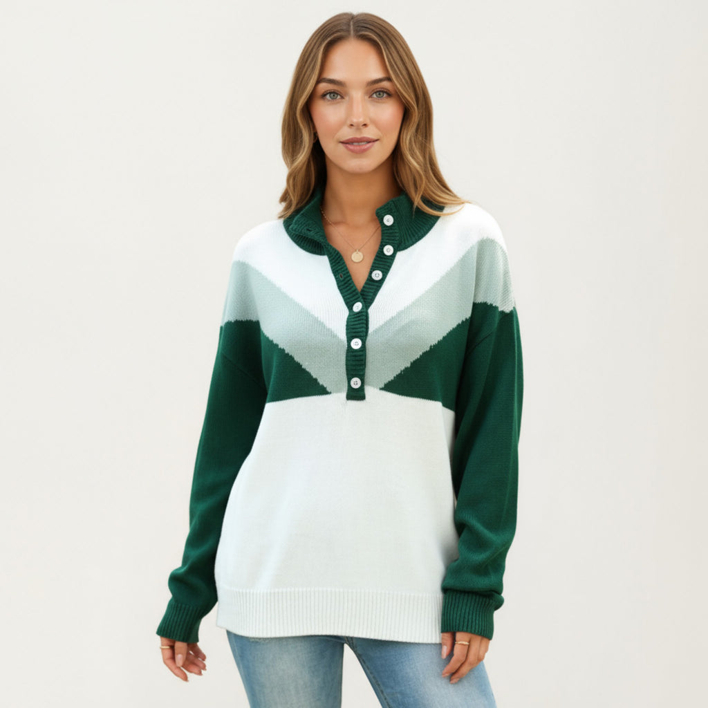 Anna-Kaci Women's Color Block Long Sleeve Knit Sweater with Button Collar and Ribbed Hem