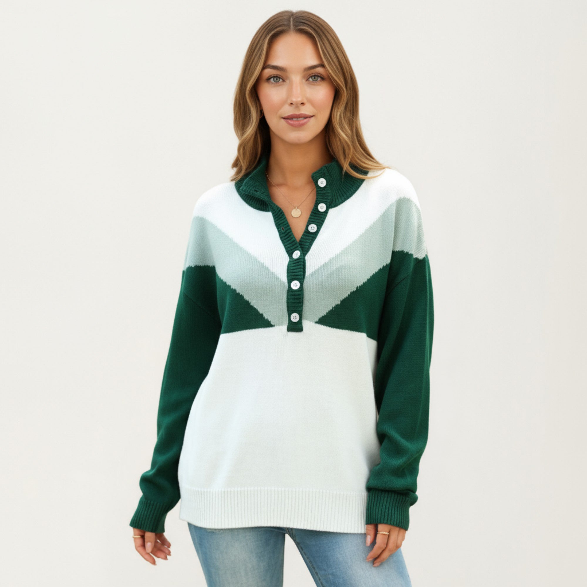 Anna-Kaci Women's Color Block Long Sleeve Knit Sweater with Button Collar and Ribbed Hem