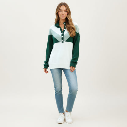 Anna-Kaci Women's Color Block Long Sleeve Knit Sweater with Button Collar and Ribbed Hem