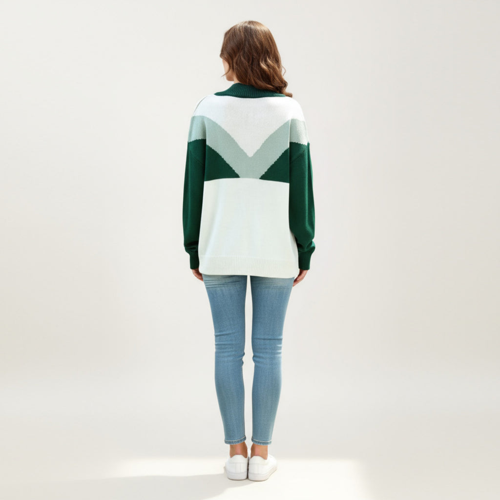 Anna-Kaci Women's Color Block Long Sleeve Knit Sweater with Button Collar and Ribbed Hem