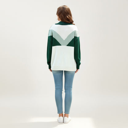 Anna-Kaci Women's Color Block Long Sleeve Knit Sweater with Button Collar and Ribbed Hem