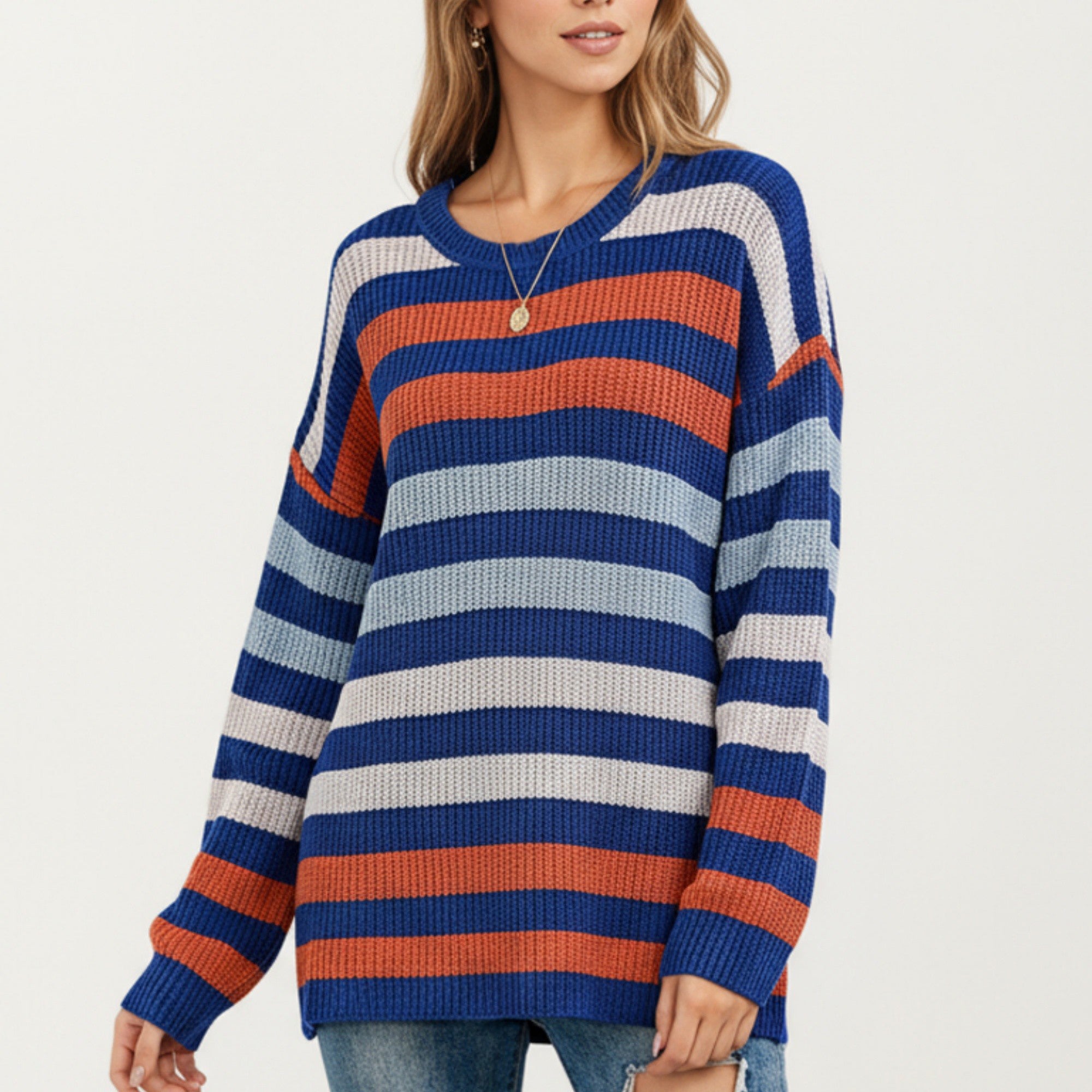 Anna-Kaci Women's Long Sleeve Crew Neck Striped Knit Sweater with Relaxed Fit