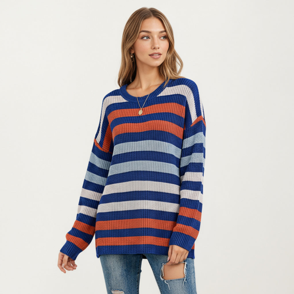 Anna-Kaci Women's Long Sleeve Crew Neck Striped Knit Sweater with Relaxed Fit