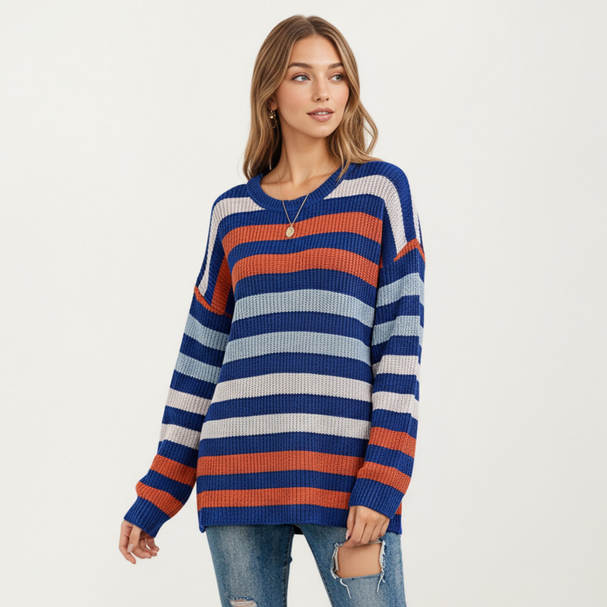 Anna-Kaci Women's Long Sleeve Crew Neck Striped Knit Sweater with Relaxed Fit