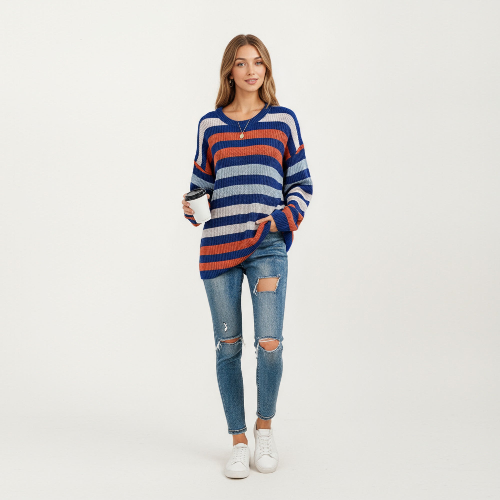 Anna-Kaci Women's Long Sleeve Crew Neck Striped Knit Sweater with Relaxed Fit