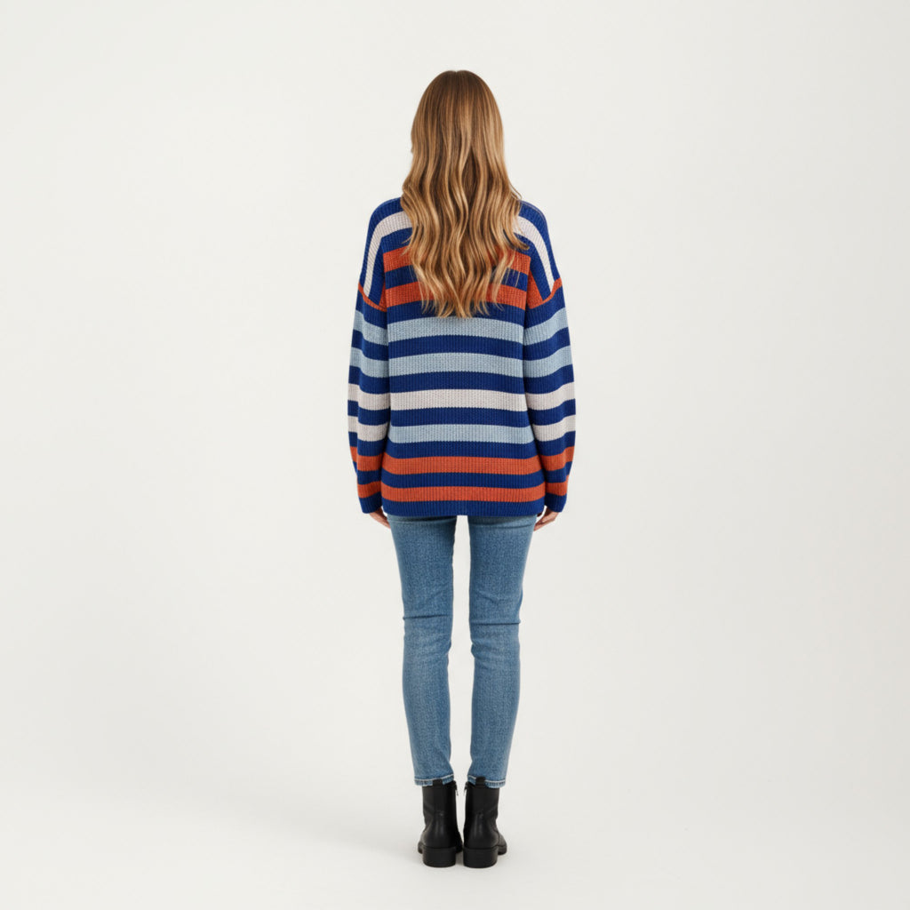 Anna-Kaci Women's Long Sleeve Crew Neck Striped Knit Sweater with Relaxed Fit