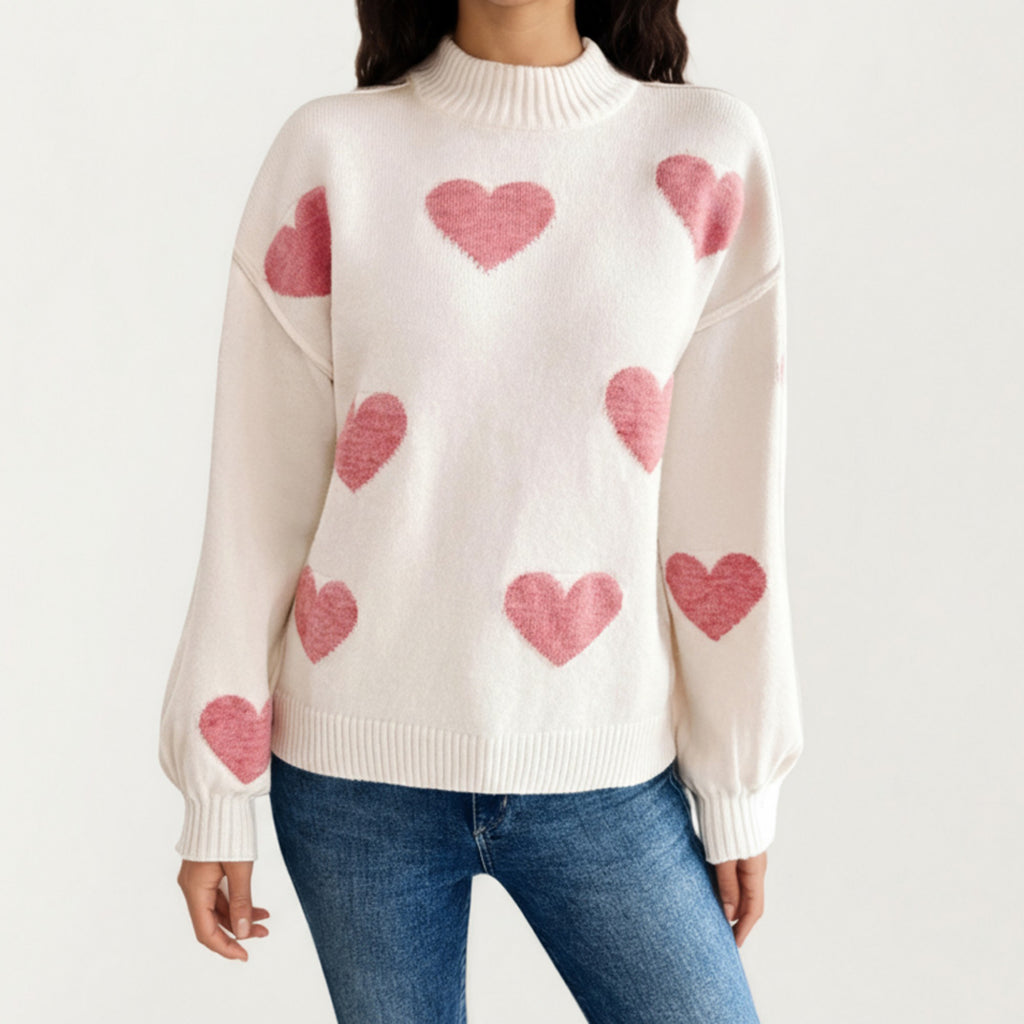 Anna-Kaci Women's Long Sleeve Knit Sweater with Heart Pattern and Ribbed Trim