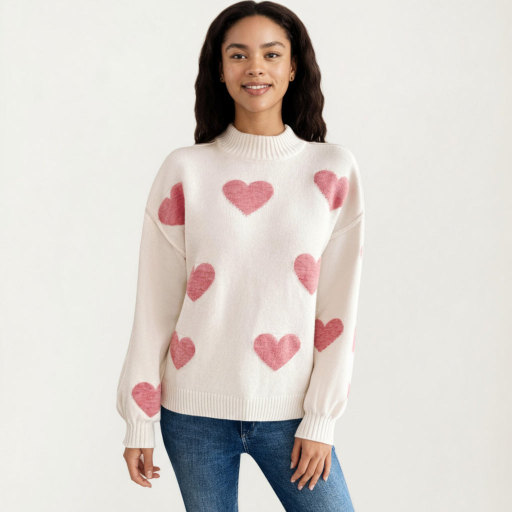 Anna-Kaci Women's Long Sleeve Knit Sweater with Heart Pattern and Ribbed Trim