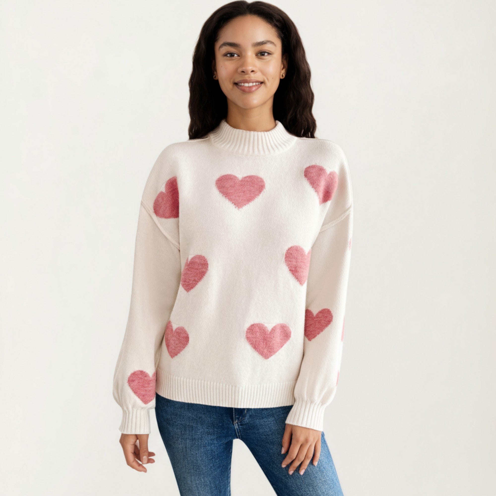 Anna-Kaci Women's Long Sleeve Knit Sweater with Heart Pattern and Ribbed Trim
