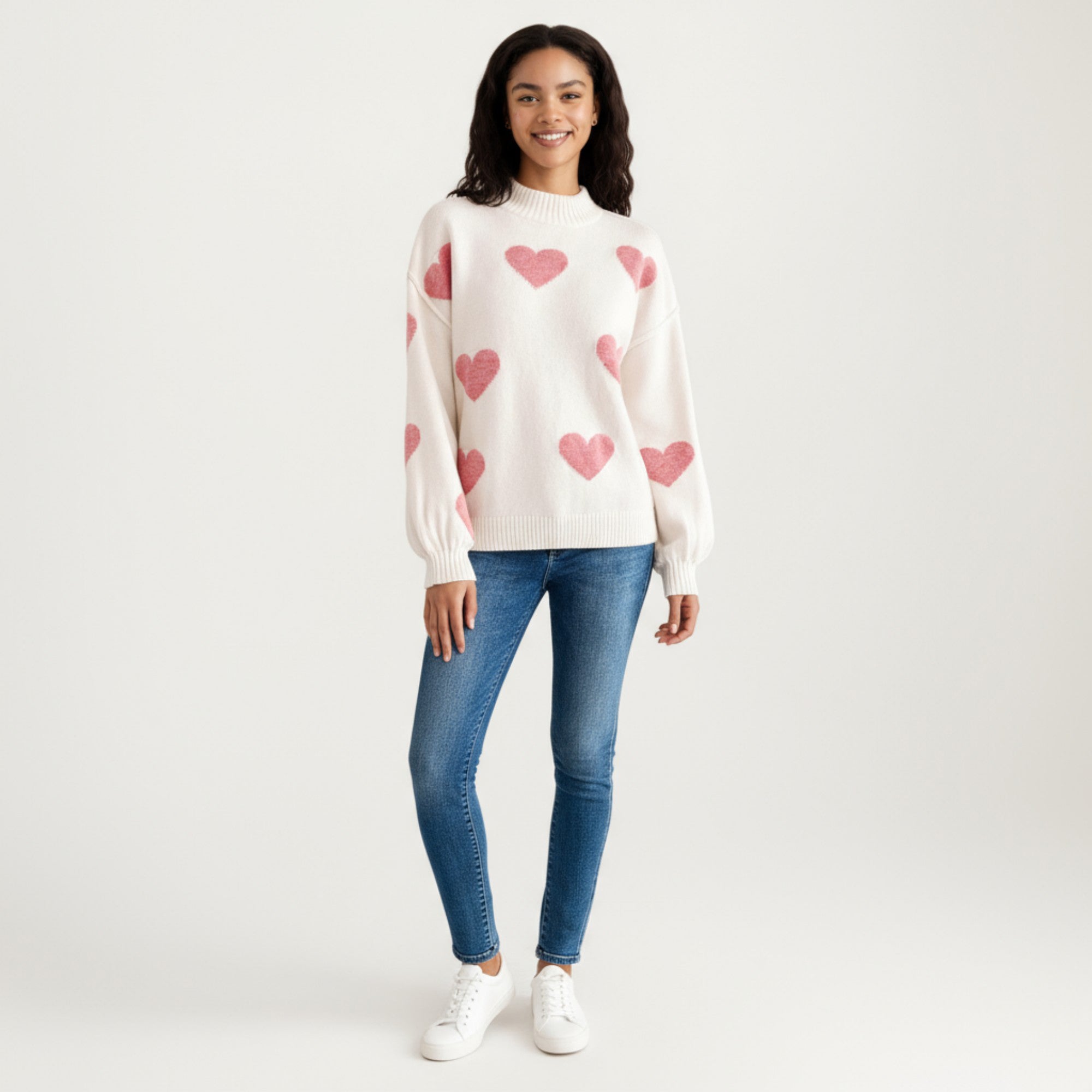 Anna-Kaci Women's Long Sleeve Knit Sweater with Heart Pattern and Ribbed Trim