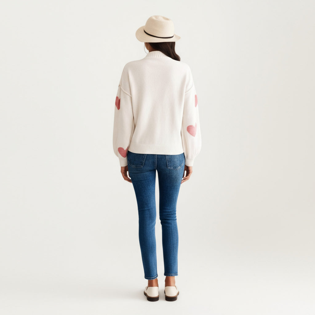 Anna-Kaci Women's Long Sleeve Knit Sweater with Heart Pattern and Ribbed Trim