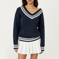 Anna-Kaci Women's V-Neck Cable Knit Sweater with Striped Trim and Ribbed Hem
