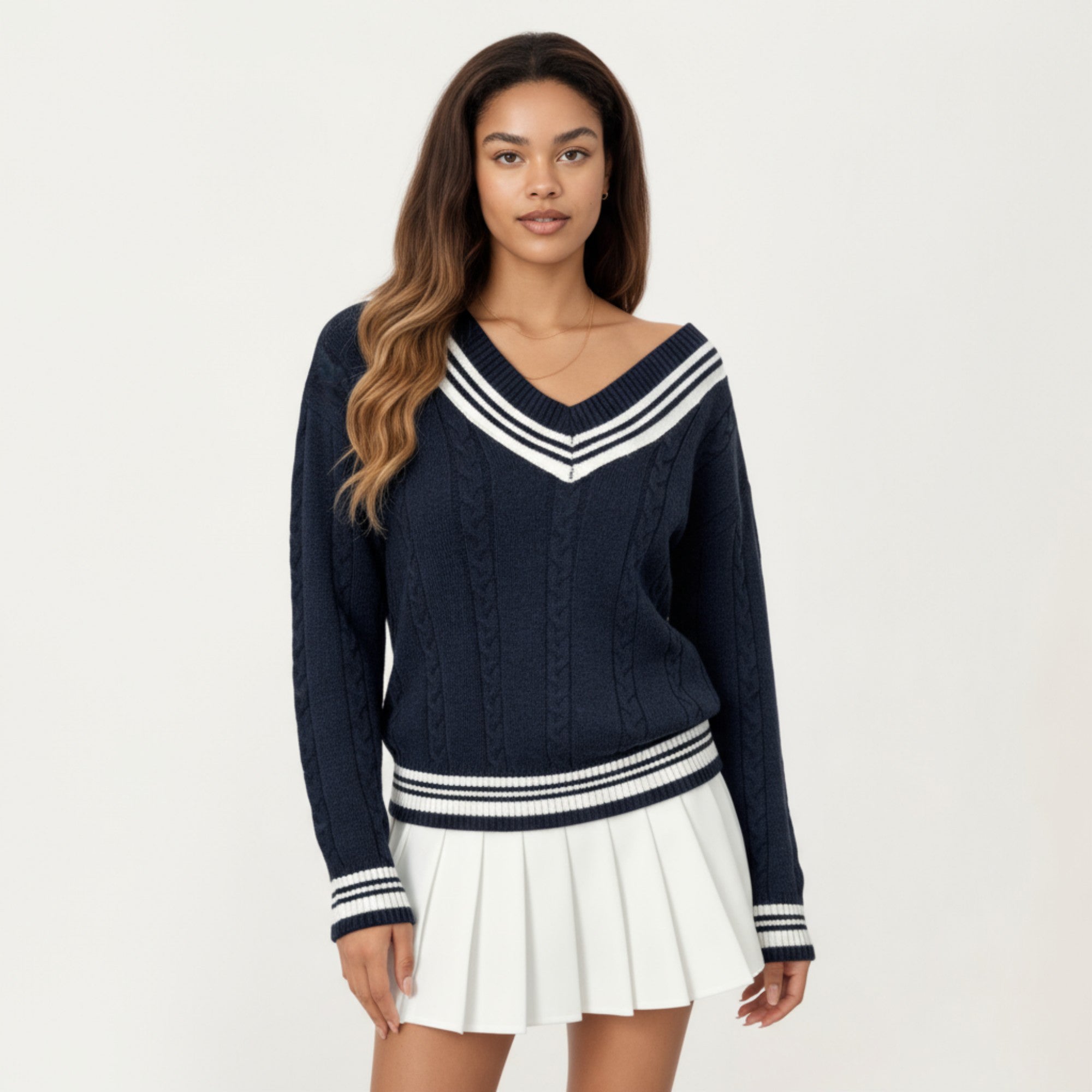 Anna-Kaci Women's V-Neck Cable Knit Sweater with Striped Trim and Ribbed Hem
