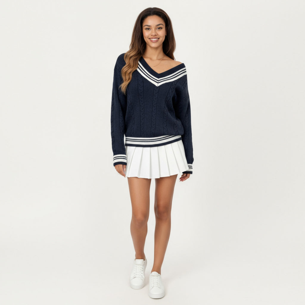 Anna-Kaci Women's V-Neck Cable Knit Sweater with Striped Trim and Ribbed Hem