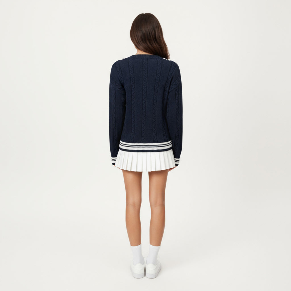 Anna-Kaci Women's V-Neck Cable Knit Sweater with Striped Trim and Ribbed Hem