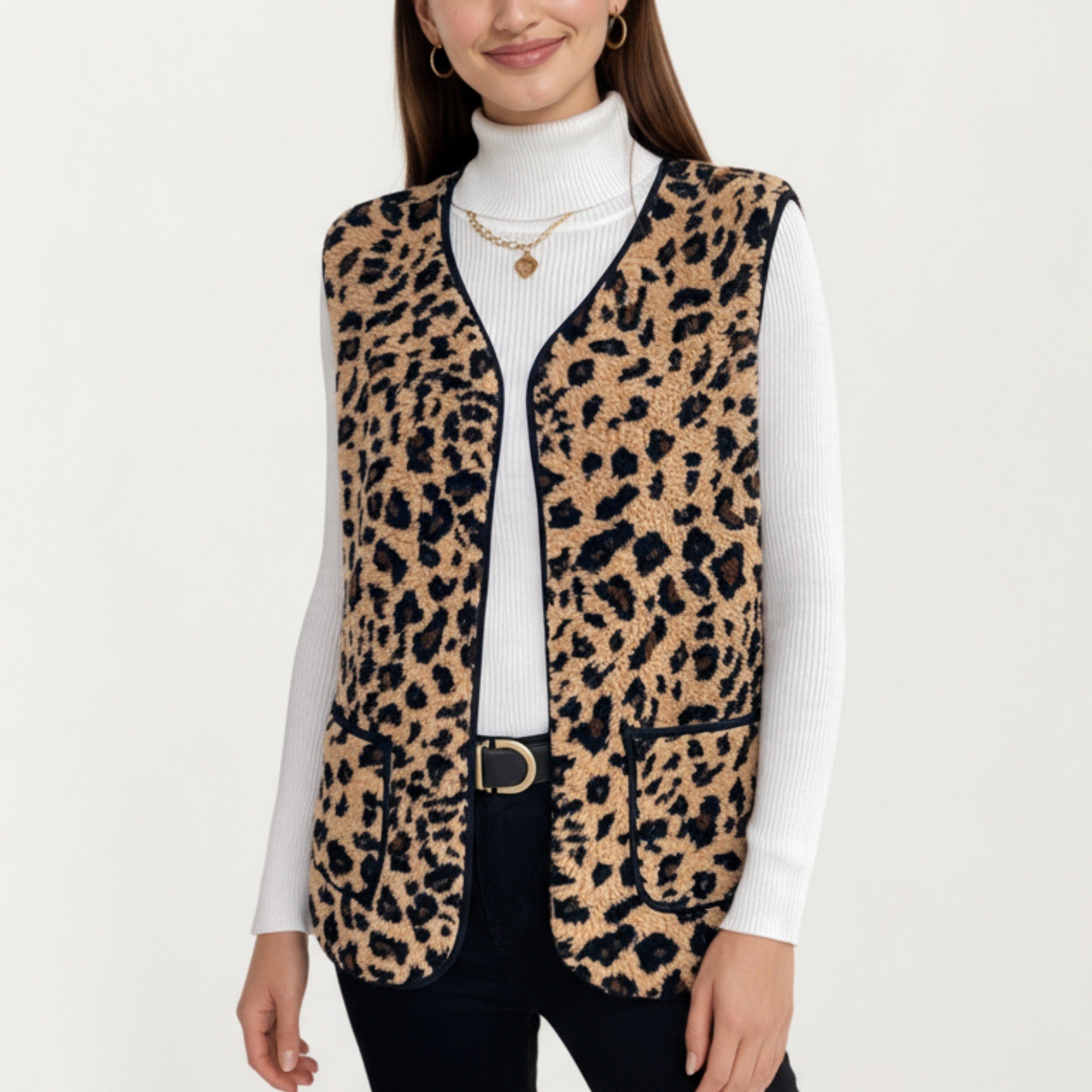 Anna-Kaci Women's Leopard Print Open Front Vest with Contrast Trim and Front Pockets