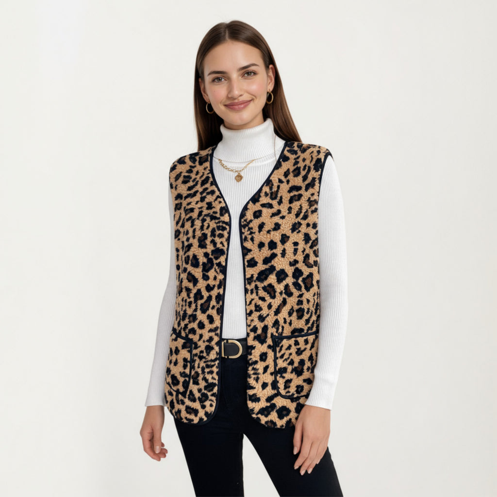 Anna-Kaci Women's Leopard Print Open Front Vest with Contrast Trim and Front Pockets