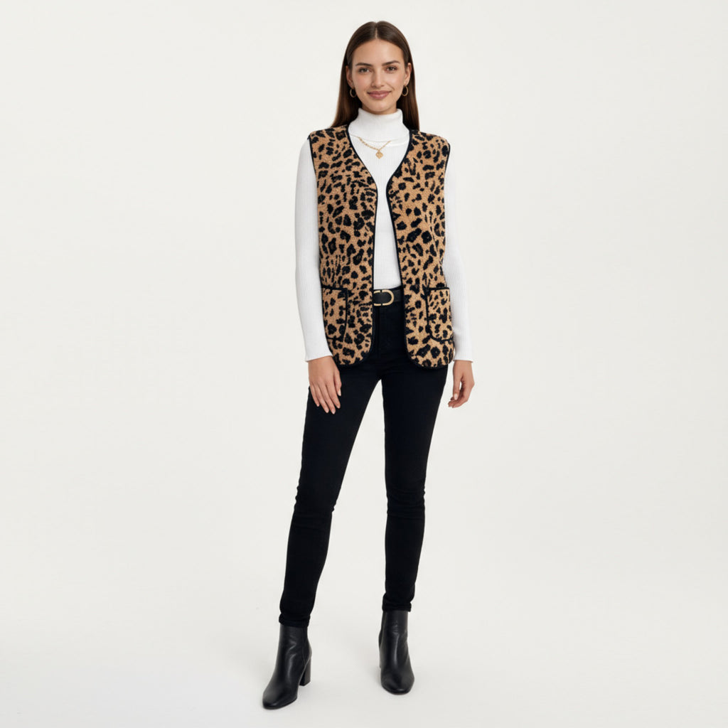 Anna-Kaci Women's Leopard Print Open Front Vest with Contrast Trim and Front Pockets