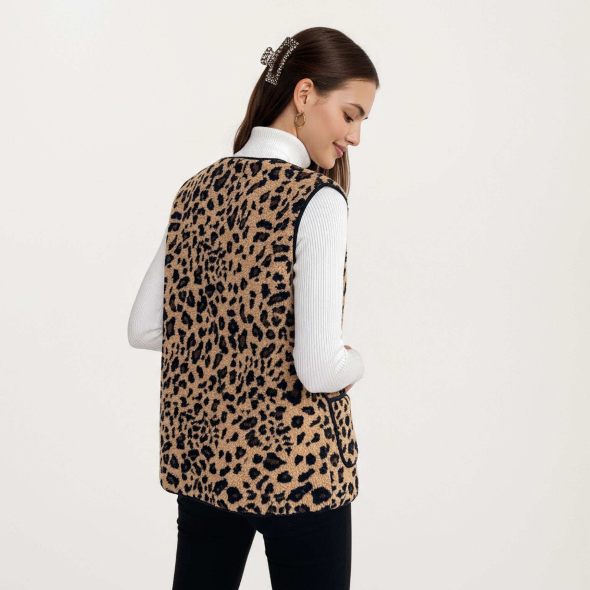 Anna-Kaci Women's Leopard Print Open Front Vest with Contrast Trim and Front Pockets
