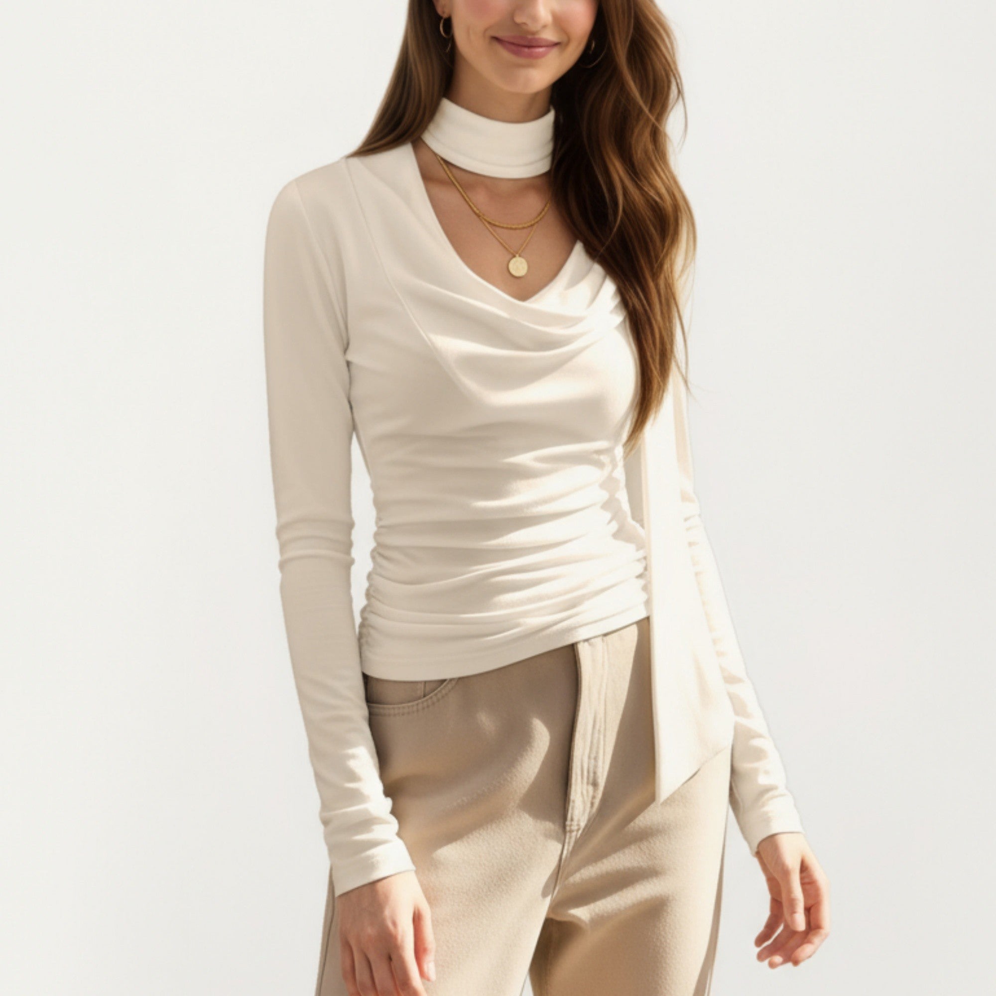 Anna-Kaci Women's Long Sleeve Draped Cowl Neck Top with Attached Scarf Detail