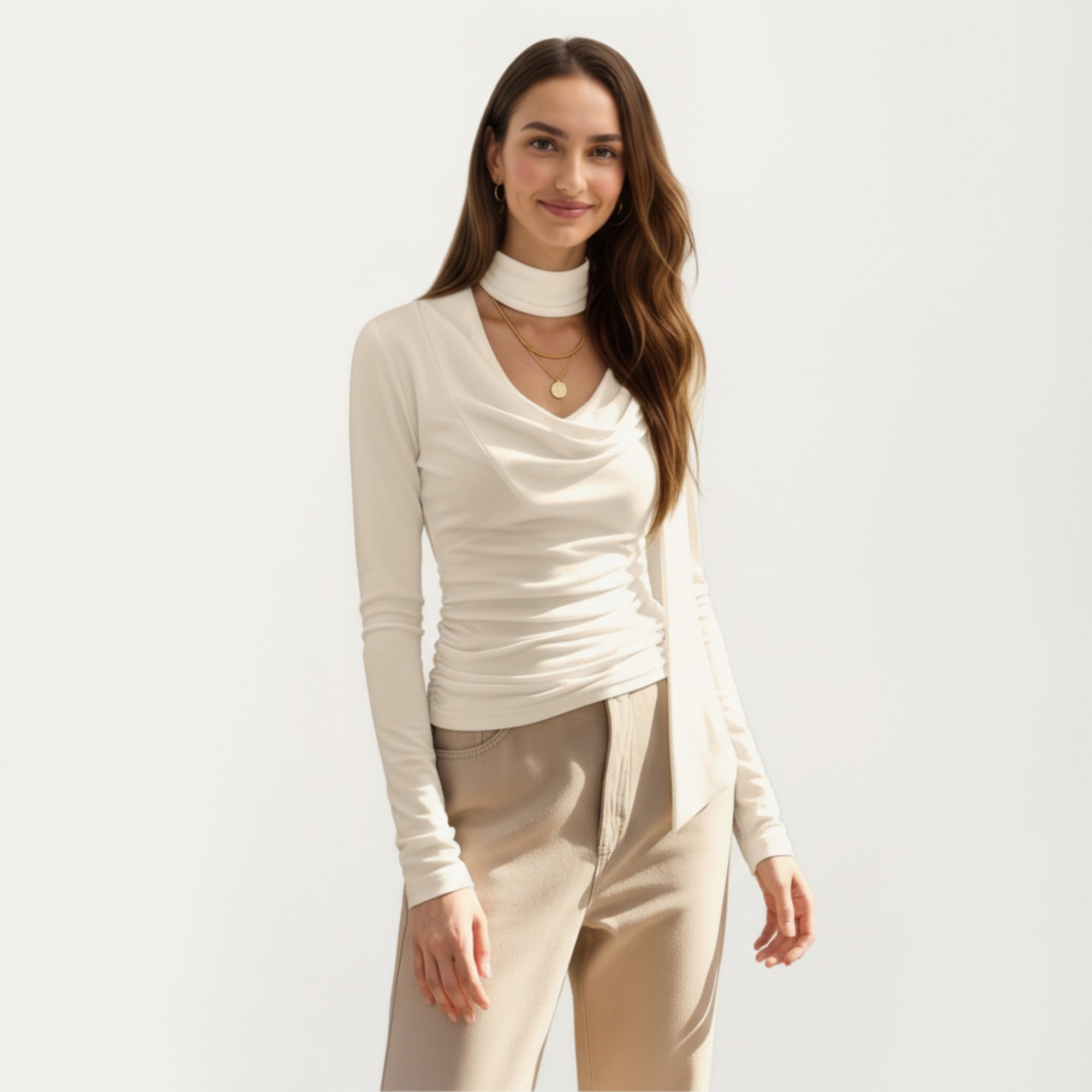 Anna-Kaci Women's Long Sleeve Draped Cowl Neck Top with Attached Scarf Detail
