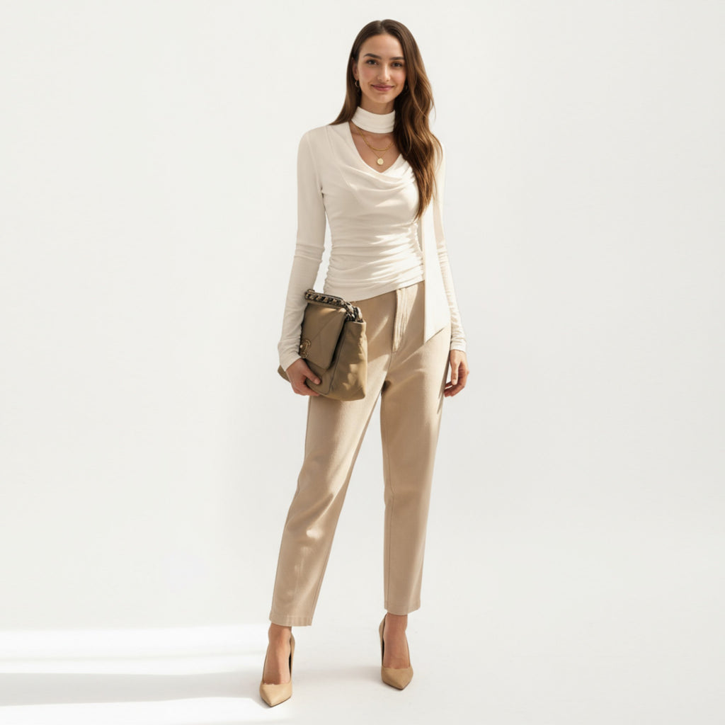 Anna-Kaci Women's Long Sleeve Draped Cowl Neck Top with Attached Scarf Detail