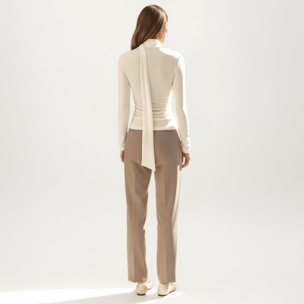 Anna-Kaci Women's Long Sleeve Draped Cowl Neck Top with Attached Scarf Detail