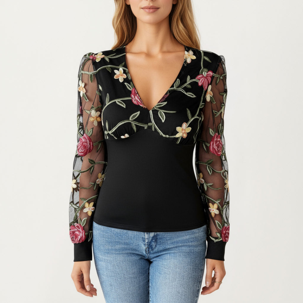Anna-Kaci Women's Long Sleeve Sheer Floral Embroidered Mesh Top with Fitted Bodice