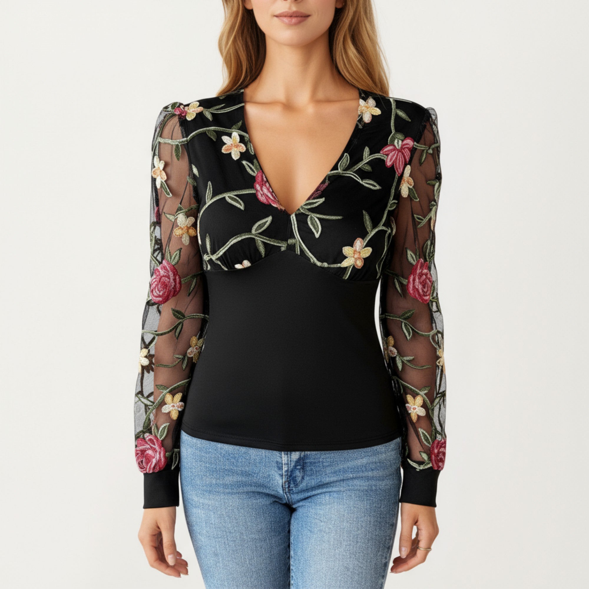 Anna-Kaci Women's Long Sleeve Sheer Floral Embroidered Mesh Top with Fitted Bodice