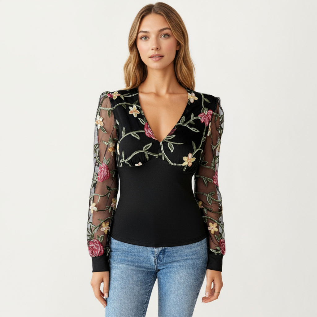 Anna-Kaci Women's Long Sleeve Sheer Floral Embroidered Mesh Top with Fitted Bodice