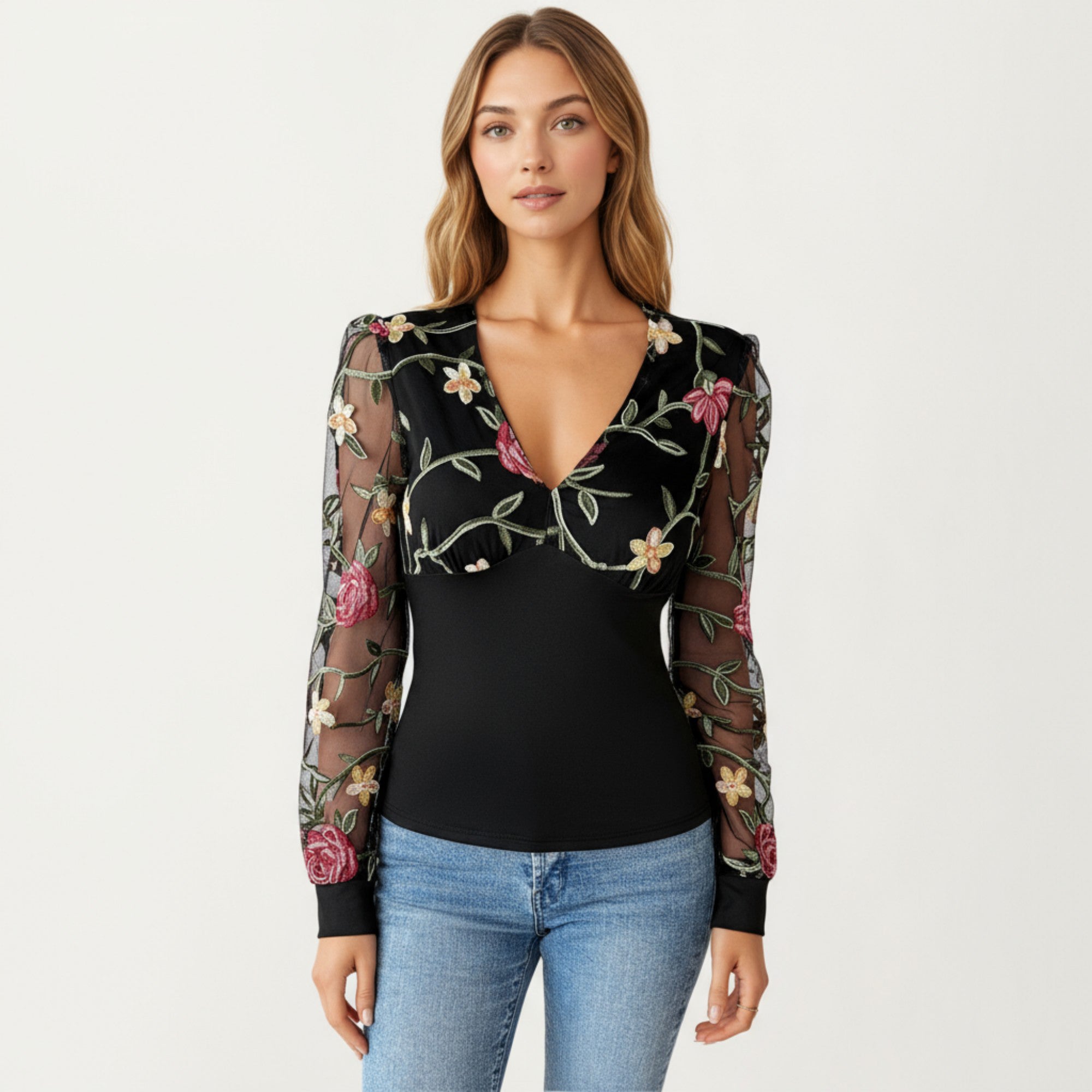 Anna-Kaci Women's Long Sleeve Sheer Floral Embroidered Mesh Top with Fitted Bodice