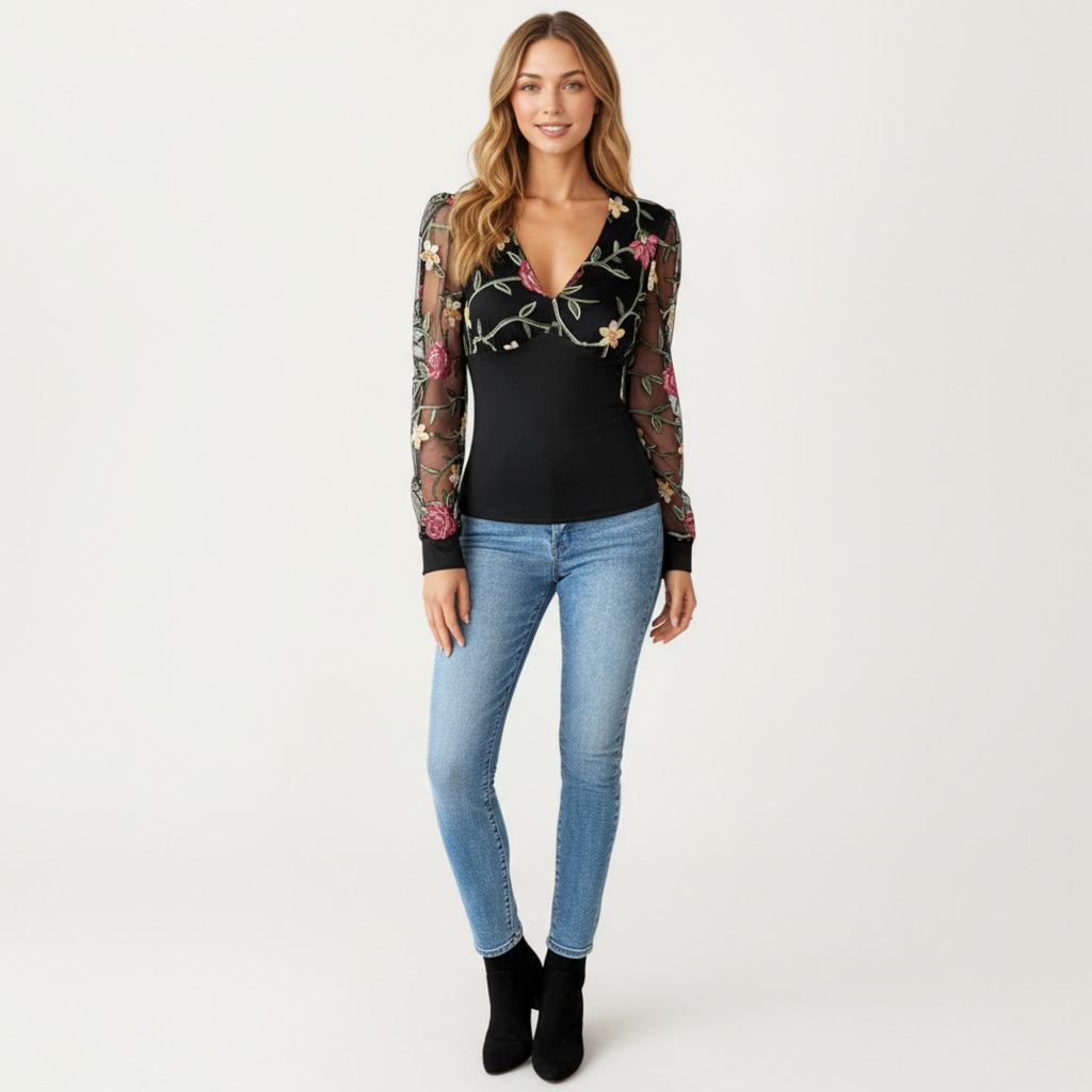 Anna-Kaci Women's Long Sleeve Sheer Floral Embroidered Mesh Top with Fitted Bodice