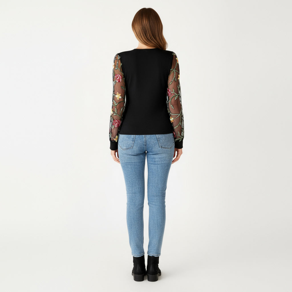 Anna-Kaci Women's Long Sleeve Sheer Floral Embroidered Mesh Top with Fitted Bodice