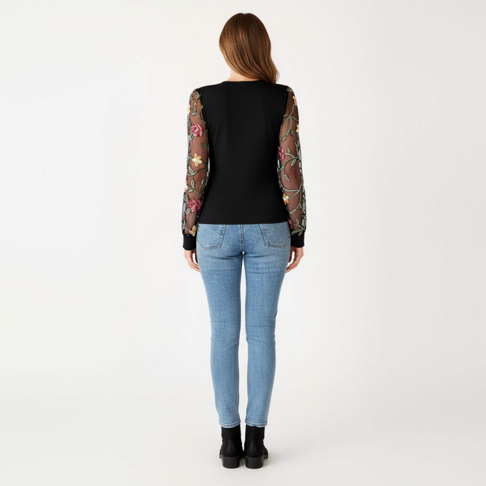 Anna-Kaci Women's Long Sleeve Sheer Floral Embroidered Mesh Top with Fitted Bodice