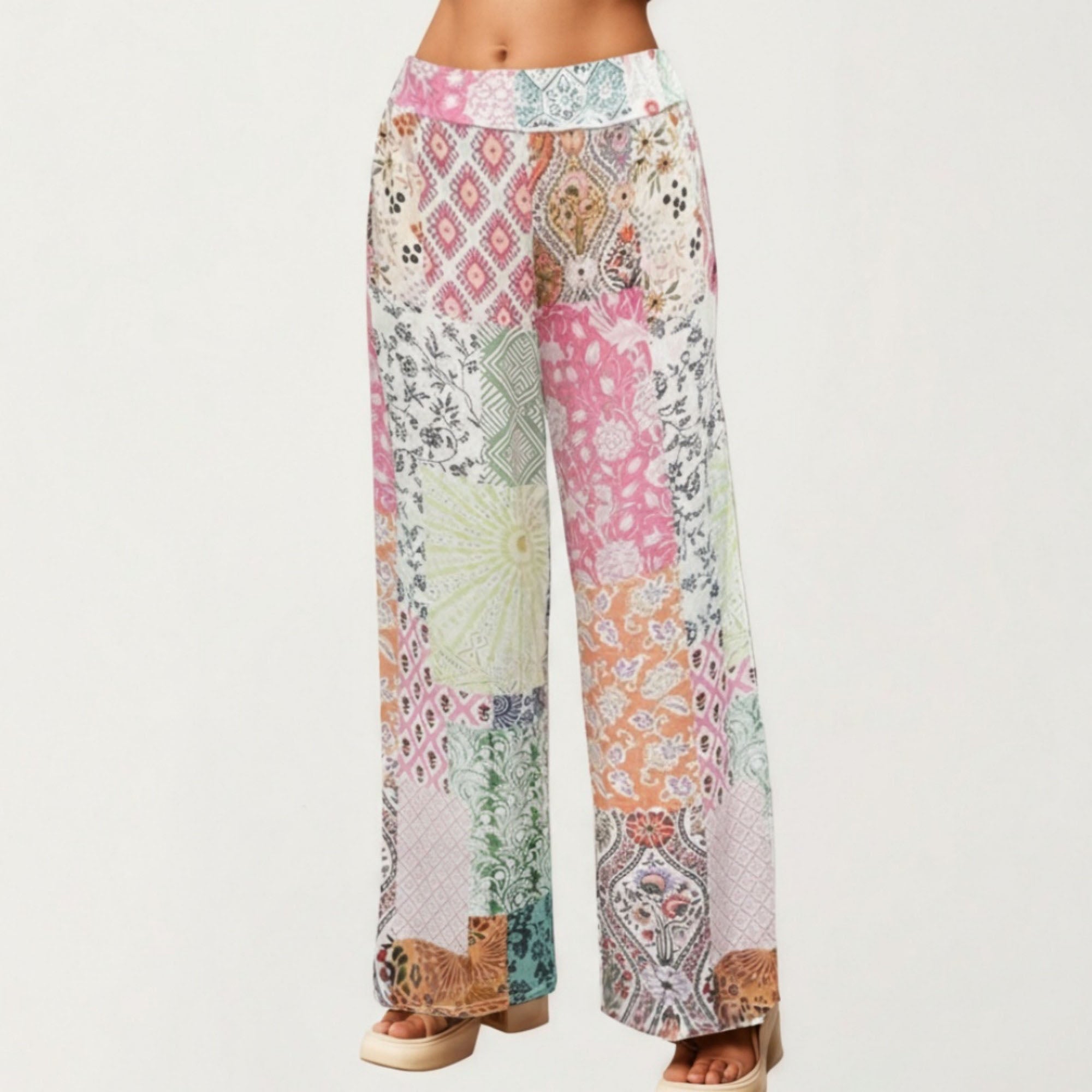 Anna-Kaci Women¡¯s Patchwork Print Wide Leg Pants with Soft Flowing Drape Comfortable Stretch Waist