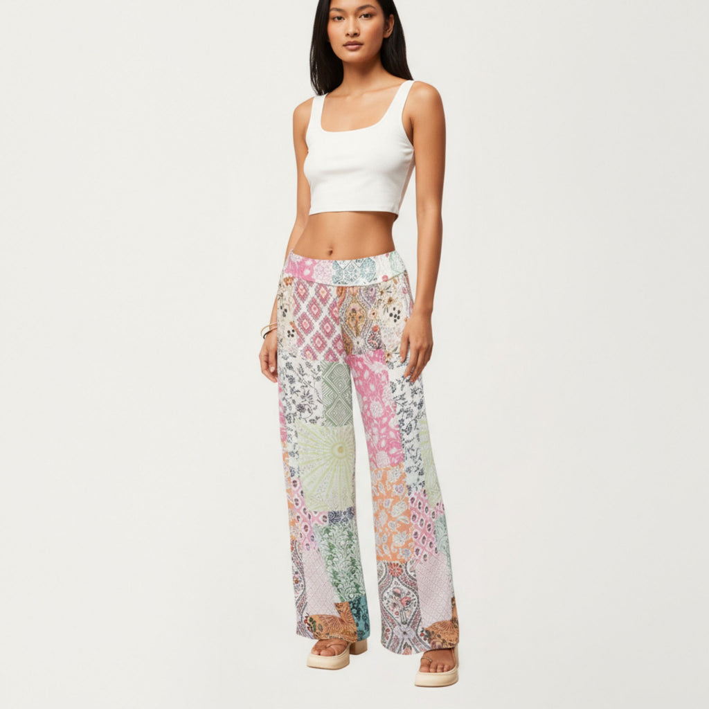 Anna-Kaci Women¡¯s Patchwork Print Wide Leg Pants with Soft Flowing Drape Comfortable Stretch Waist