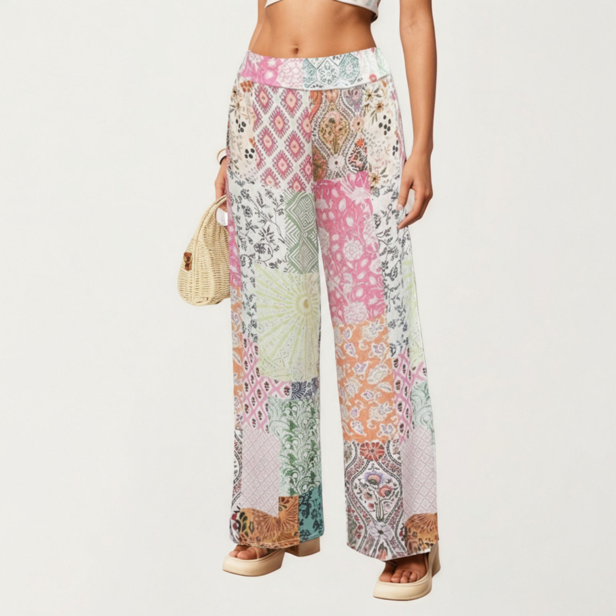 Anna-Kaci Women¡¯s Patchwork Print Wide Leg Pants with Soft Flowing Drape Comfortable Stretch Waist
