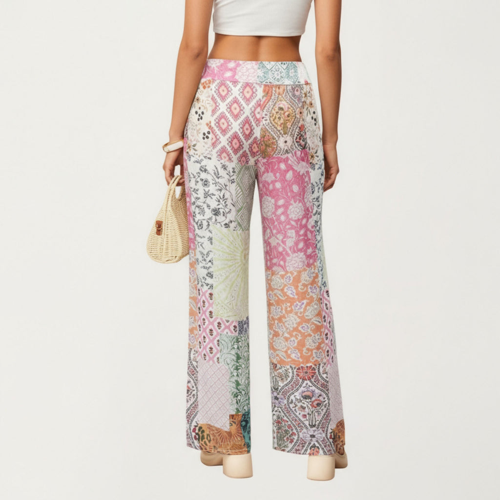 Anna-Kaci Women¡¯s Patchwork Print Wide Leg Pants with Soft Flowing Drape Comfortable Stretch Waist