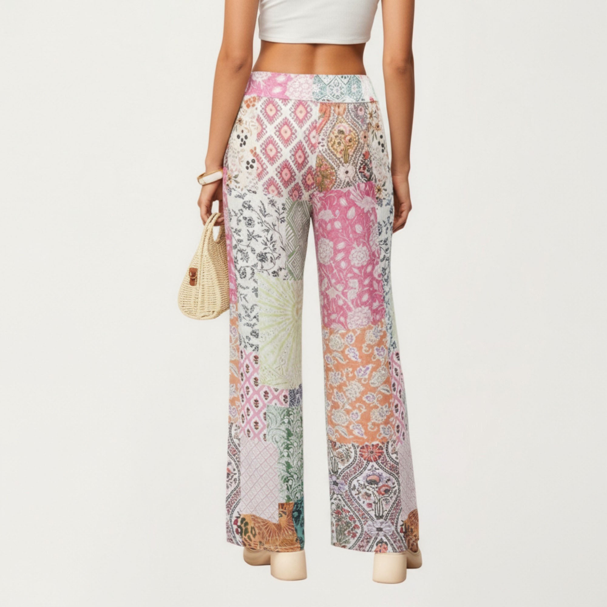 Anna-Kaci Women¡¯s Patchwork Print Wide Leg Pants with Soft Flowing Drape Comfortable Stretch Waist