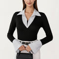 Anna-Kaci Women¡¯s Contrast Collar Long Sleeve Top with Deep V Neckline Striped Cuffs and Tailored Trim Detailing