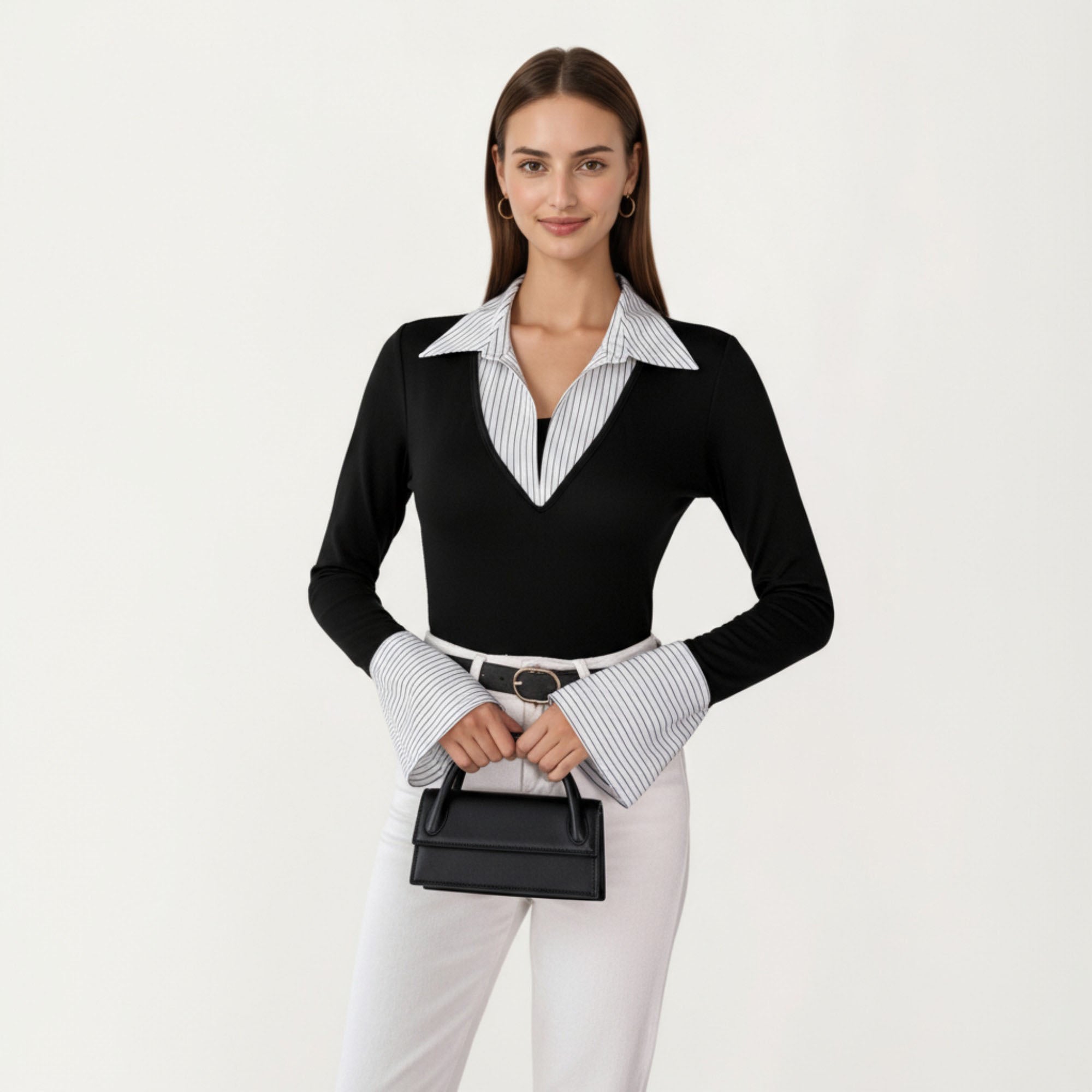 Anna-Kaci Women¡¯s Contrast Collar Long Sleeve Top with Deep V Neckline Striped Cuffs and Tailored Trim Detailing