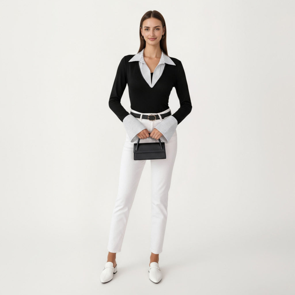 Anna-Kaci Women¡¯s Contrast Collar Long Sleeve Top with Deep V Neckline Striped Cuffs and Tailored Trim Detailing