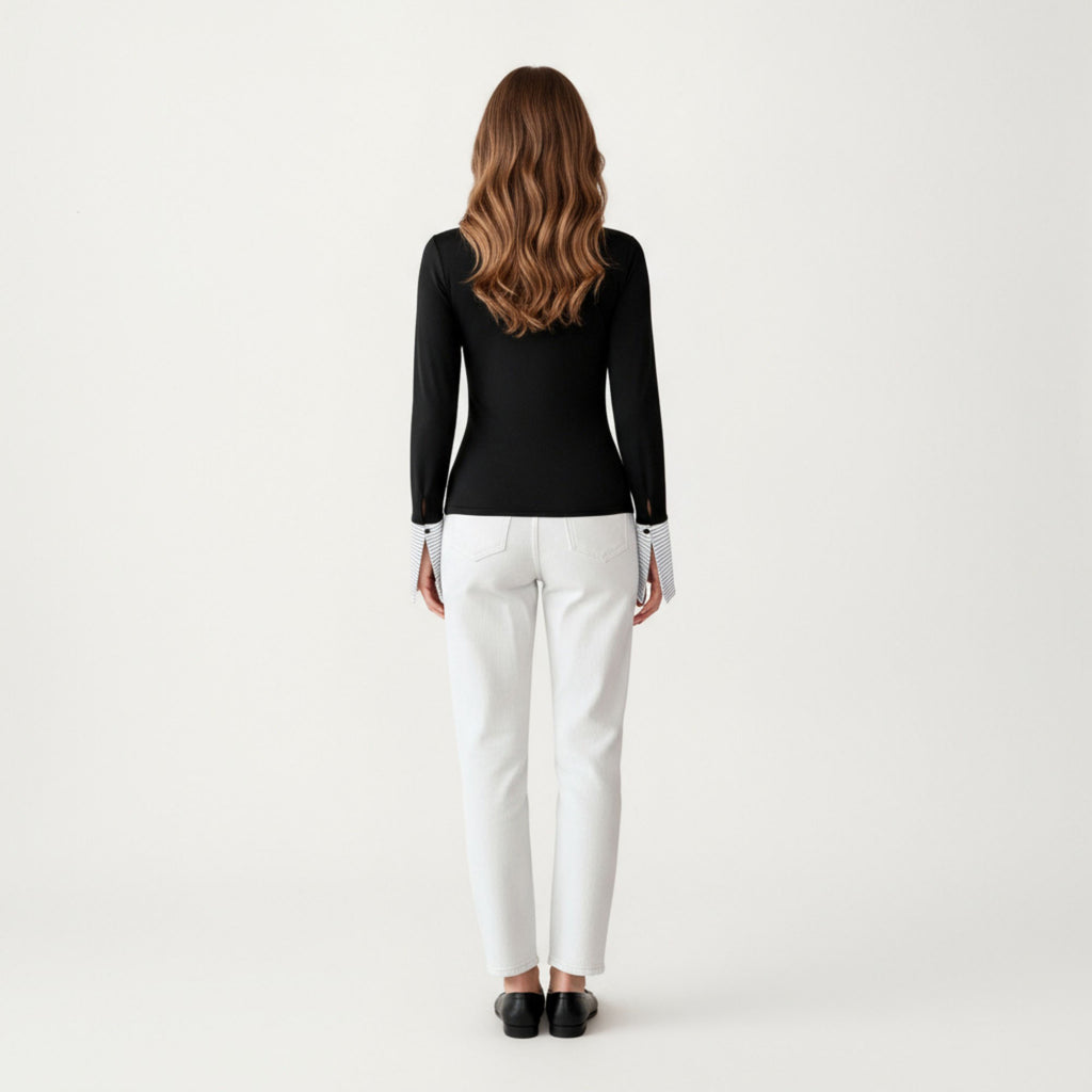 Anna-Kaci Women¡¯s Contrast Collar Long Sleeve Top with Deep V Neckline Striped Cuffs and Tailored Trim Detailing