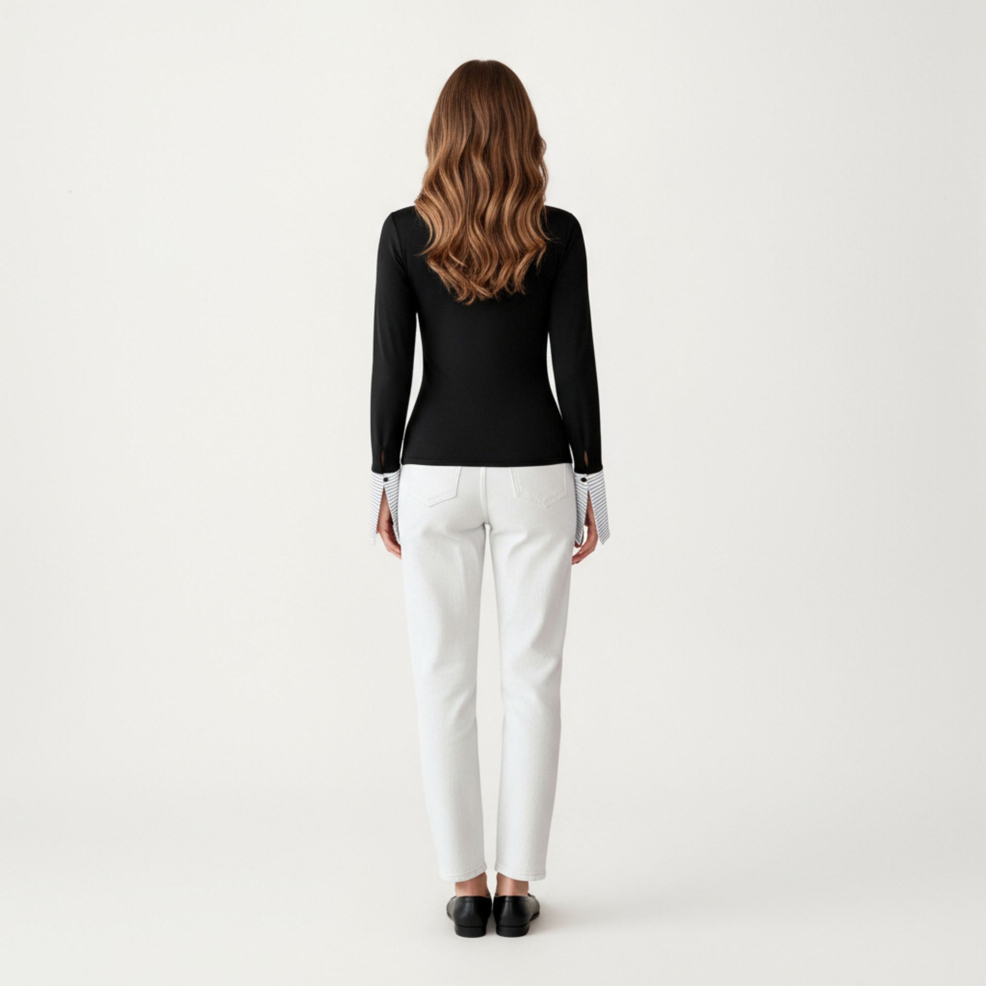 Anna-Kaci Women¡¯s Contrast Collar Long Sleeve Top with Deep V Neckline Striped Cuffs and Tailored Trim Detailing