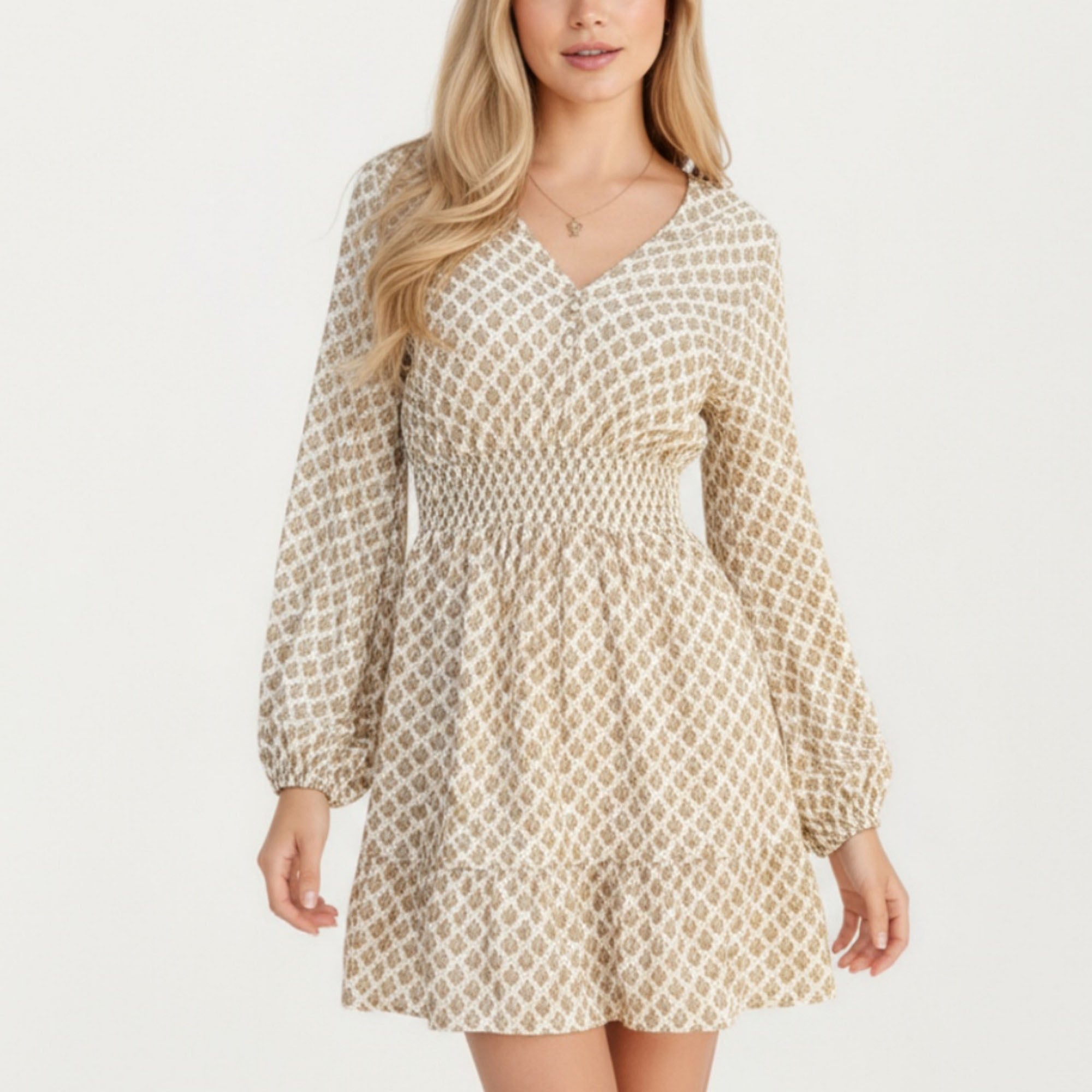Anna-Kaci Women¡¯s Printed Long Sleeve Mini Dress with Smocked Waist Soft Lightweight Fabric V-Neckline and Tiered Skirt