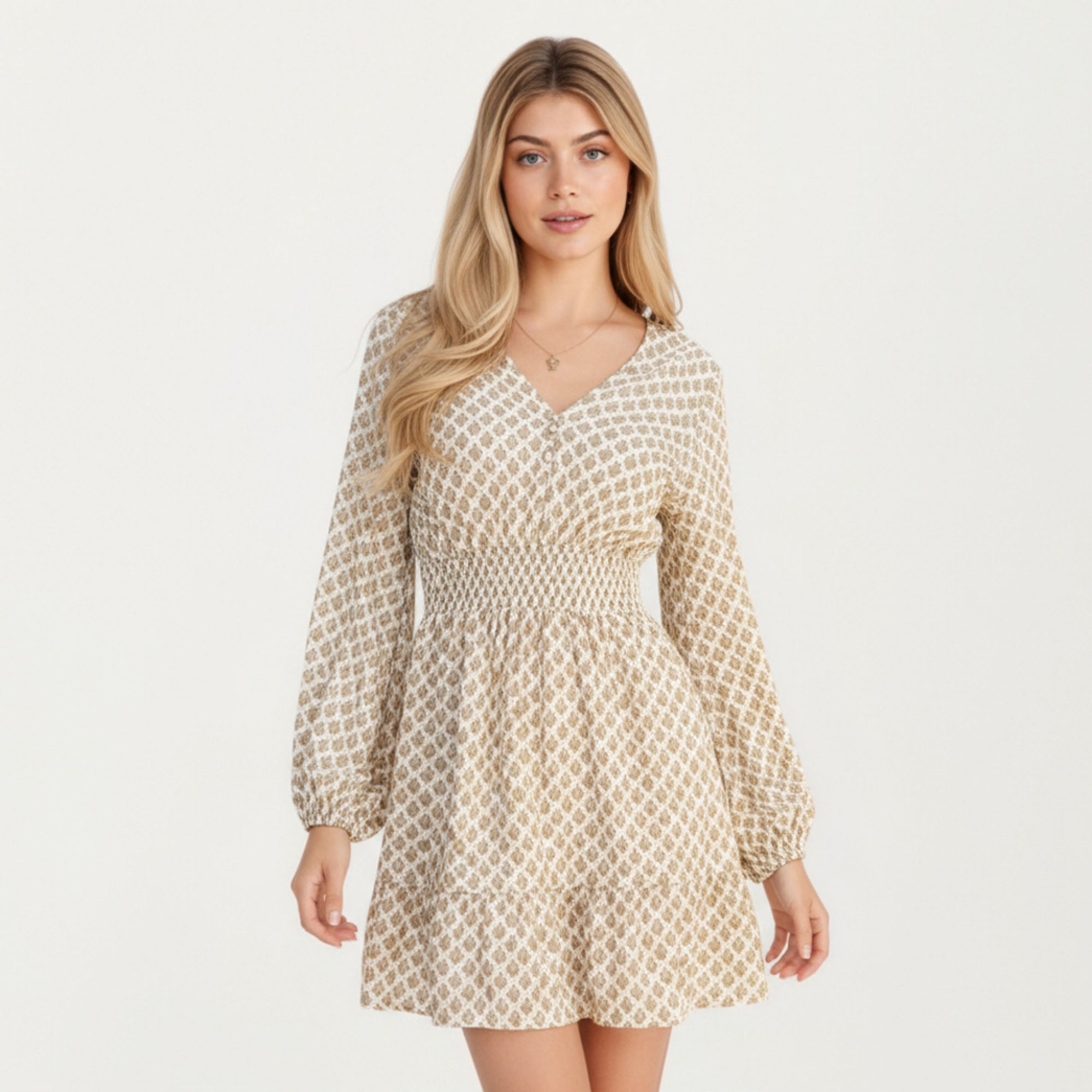 Anna-Kaci Women¡¯s Printed Long Sleeve Mini Dress with Smocked Waist Soft Lightweight Fabric V-Neckline and Tiered Skirt